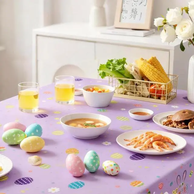 Alt view image 4 of 7 - 2 Pack Easter Tablecloth - 54" x 108" Disposable Easter Bunny Plastic Table Cloth, Purple Rectangle Spring Table Cover for Indoor or Outdoor Easter Party Decorations