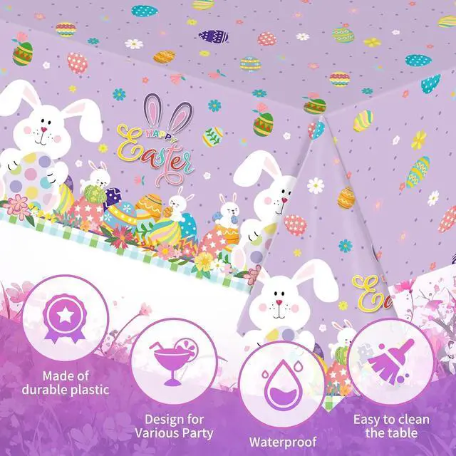 Alt view image 3 of 7 - 2 Pack Easter Tablecloth - 54" x 108" Disposable Easter Bunny Plastic Table Cloth, Purple Rectangle Spring Table Cover for Indoor or Outdoor Easter Party Decorations