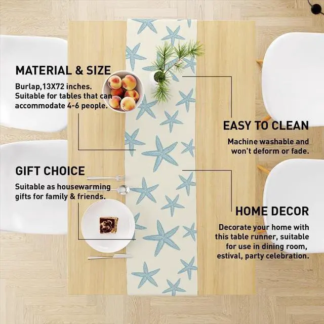 Alt view image 2 of 4 - Blue Starfish Table Runner,Nautical Beach Table Runner Decor for Dinning Room Kitchen Summer Ocean Sea Decorations for Holiday Party, Housewarming Gifts for Women Friends Couple, 13X72Inches