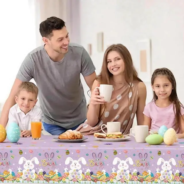 Alt view image 6 of 7 - 2 Pack Easter Tablecloth - 54" x 108" Disposable Easter Bunny Plastic Table Cloth, Purple Rectangle Spring Table Cover for Indoor or Outdoor Easter Party Decorations