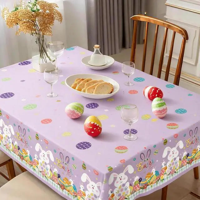 Alt view image 7 of 7 - 2 Pack Easter Tablecloth - 54" x 108" Disposable Easter Bunny Plastic Table Cloth, Purple Rectangle Spring Table Cover for Indoor or Outdoor Easter Party Decorations