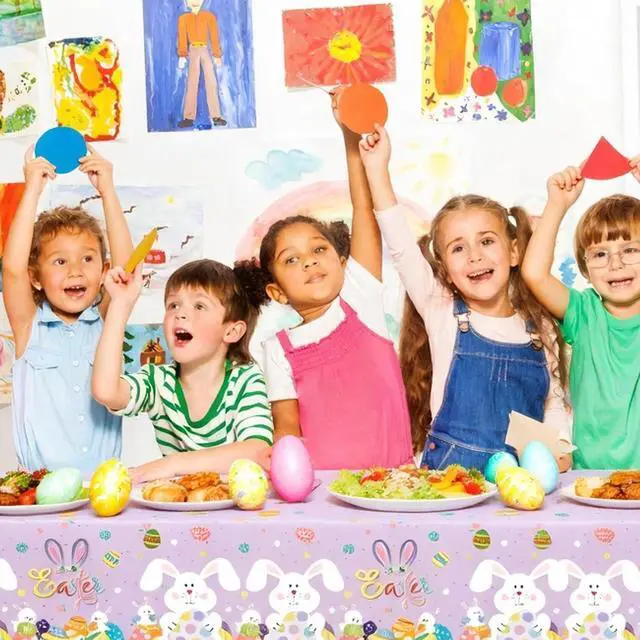 Alt view image 5 of 7 - 2 Pack Easter Tablecloth - 54" x 108" Disposable Easter Bunny Plastic Table Cloth, Purple Rectangle Spring Table Cover for Indoor or Outdoor Easter Party Decorations