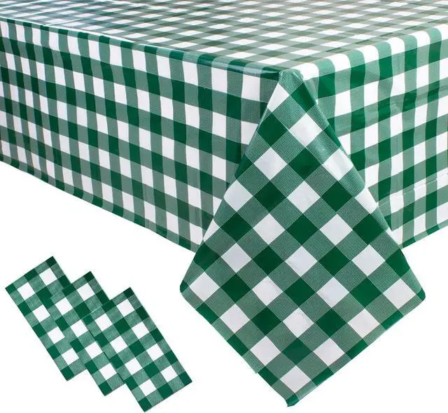 Main image of 3 Packs Green and White Checkered Tablecloth 54x108 Inches Rectangle Gingham Tablecloth Disposable Plastic Waterproof Table Cover for Outdoor Picnic Kitchen and Birthday Party