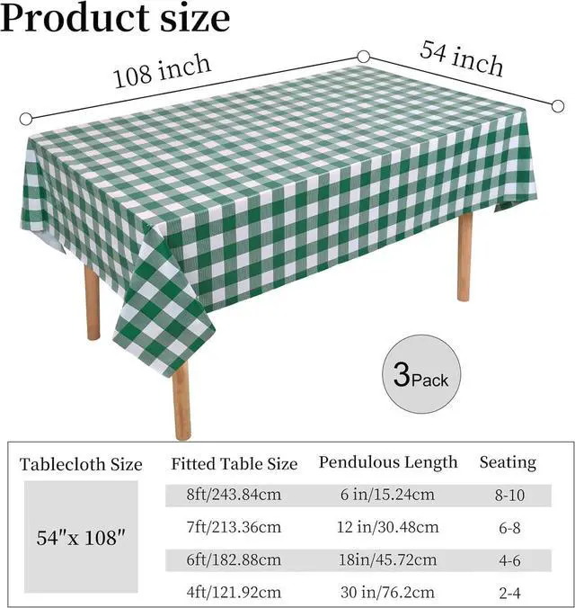 Alt view image 3 of 7 - 3 Packs Green and White Checkered Tablecloth 54x108 Inches Rectangle Gingham Tablecloth Disposable Plastic Waterproof Table Cover for Outdoor Picnic Kitchen and Birthday Party