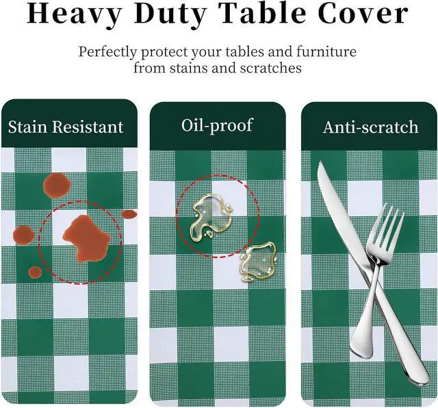 Alt view image 6 of 7 - 3 Packs Green and White Checkered Tablecloth 54x108 Inches Rectangle Gingham Tablecloth Disposable Plastic Waterproof Table Cover for Outdoor Picnic Kitchen and Birthday Party