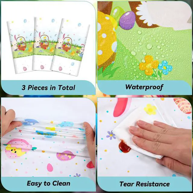 Alt view image 2 of 6 - VitalCozy 3 Pcs Easter Tablecloth 54 x 108 Spring Table Cover, Bunny, Egg