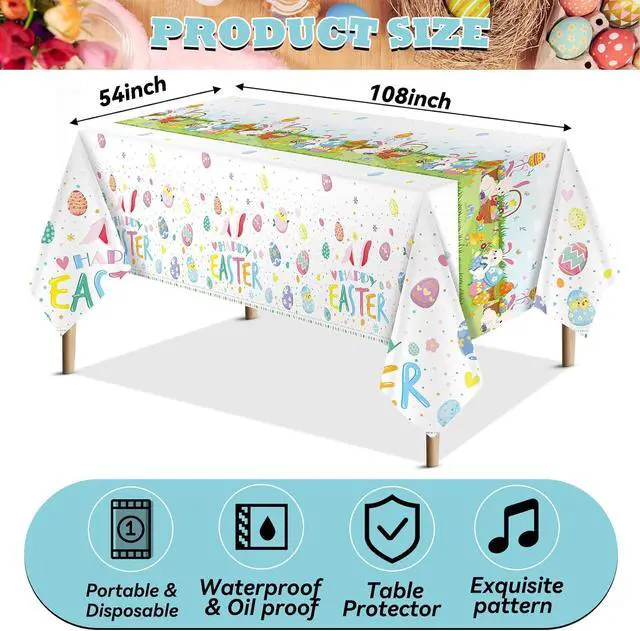 Alt view image 3 of 6 - VitalCozy 3 Pcs Easter Tablecloth 54 x 108 Spring Table Cover, Bunny, Egg