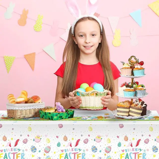 Alt view image 4 of 6 - VitalCozy 3 Pcs Easter Tablecloth 54 x 108 Spring Table Cover, Bunny, Egg