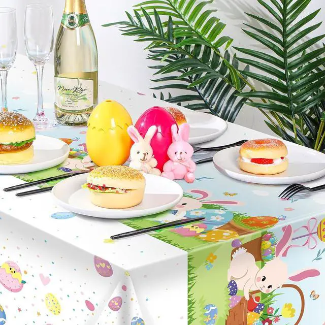 Alt view image 6 of 6 - VitalCozy 3 Pcs Easter Tablecloth 54 x 108 Spring Table Cover, Bunny, Egg