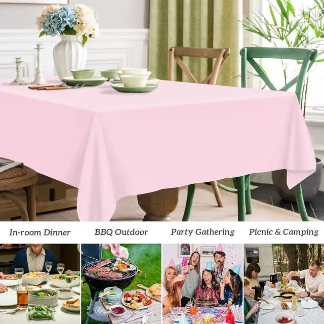 Alt view image 3 of 6 - Mulbozy 2 Pcs Light Pink Plastic Tablecloth for Rectangle Table, 54 × 108 inches Disposable Pink Party Table Covers for Gril Birthday, Wedding, Baby Shower, Mermaid Party Decoration
