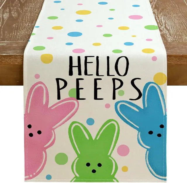 Main image of GEEORY Easter Table Runner 13x72 Inch, Hello Peeps Bunny Spring Decorative Farmhouse Table Decoration for Kitchen Dinning, Indoor Outdoor Dinner Party Decor
