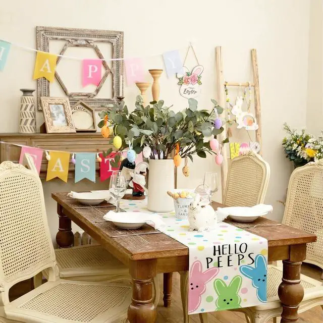 Alt view image 2 of 7 - GEEORY Easter Table Runner 13x72 Inch, Hello Peeps Bunny Spring Decorative Farmhouse Table Decoration for Kitchen Dinning, Indoor Outdoor Dinner Party Decor
