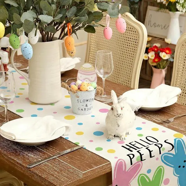 Alt view image 3 of 7 - GEEORY Easter Table Runner 13x72 Inch, Hello Peeps Bunny Spring Decorative Farmhouse Table Decoration for Kitchen Dinning, Indoor Outdoor Dinner Party Decor