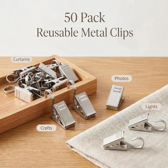 Alt view image 5 of 7 - BIHRTC Pack of 50 Curtain Clips Stainless Steel with Hooks Lights Hanger