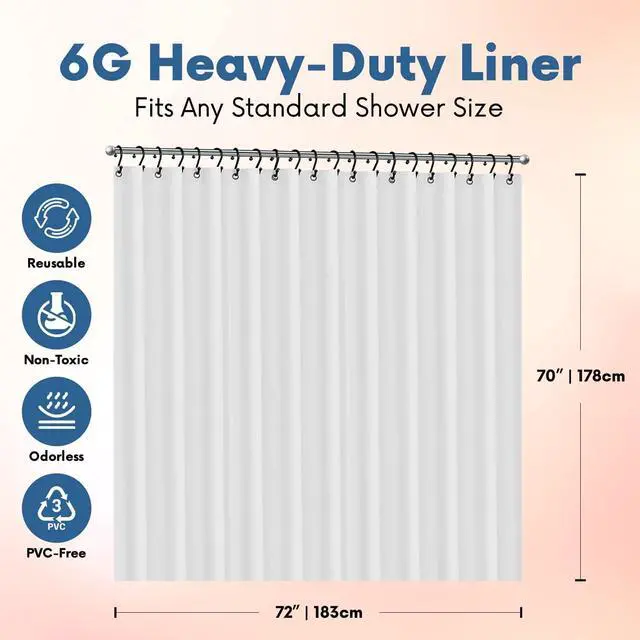 Alt view image 2 of 7 - No Smell Shower Curtain Liner 72x72 White - PEVA Plastic Shower Curtain for Bathroom, PVC-Free Waterproof Shower Liner with Metal Grommets and Magnet-Weighted Bottom Hem - Washable Inner Liner