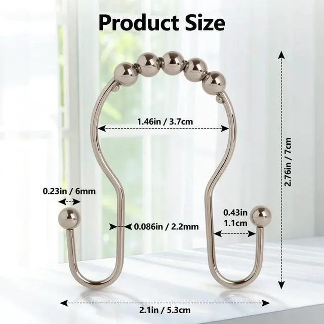 Alt view image 2 of 7 - Resze Double Shower Curtain Hooks, Sturdy Metal Nickel Shower Curtain Rings, Glide Roller Shower Hooks,Rust Proof Anti-Drop Curtain Hooks, 12 Pcs Smooth Sliding Rings for Bathroom Shower Rods Curtains