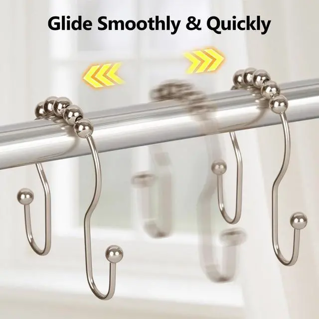 Alt view image 6 of 7 - Resze Double Shower Curtain Hooks, Sturdy Metal Nickel Shower Curtain Rings, Glide Roller Shower Hooks,Rust Proof Anti-Drop Curtain Hooks, 12 Pcs Smooth Sliding Rings for Bathroom Shower Rods Curtains