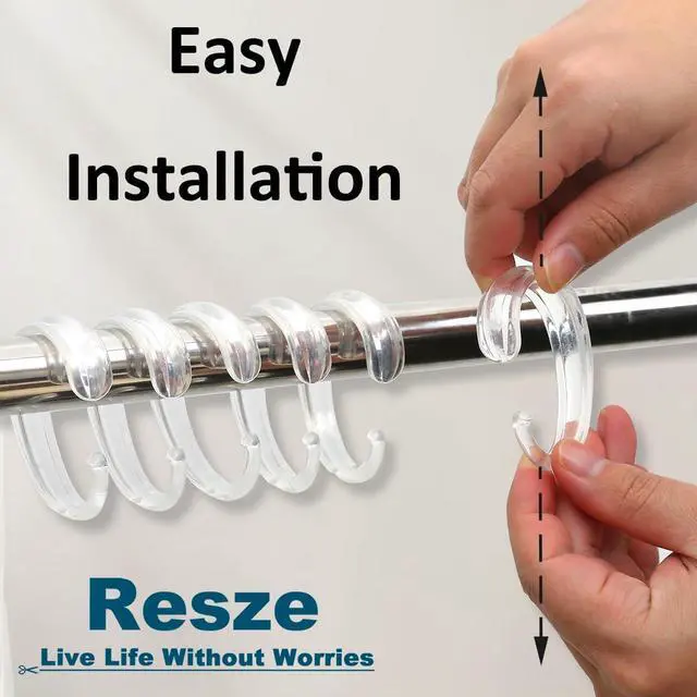 Alt view image 5 of 7 - Resze C-Shape Clear Shower Curtain Hooks for Shower Curtain, 12PCS Plastic Smooth Sliding Anti-Drop Shower Curtain Rings, Rust Resistant Decorative Shower Curtain Hooks for Bathroom,Kitchen,Bedroom