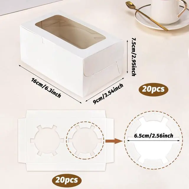 Alt view image 2 of 6 - MUMULULU 20 PCS White Paper Cupcake Boxes with 2 Cavity Cookie Gift Boxes with Clear Window 2 Treat Holder Cupcake Containers Bakery Cake Box for Birthday Party Bakery Supplies