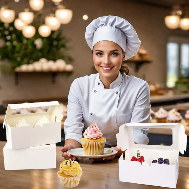 Alt view image 5 of 6 - MUMULULU 20 PCS White Paper Cupcake Boxes with 2 Cavity Cookie Gift Boxes with Clear Window 2 Treat Holder Cupcake Containers Bakery Cake Box for Birthday Party Bakery Supplies