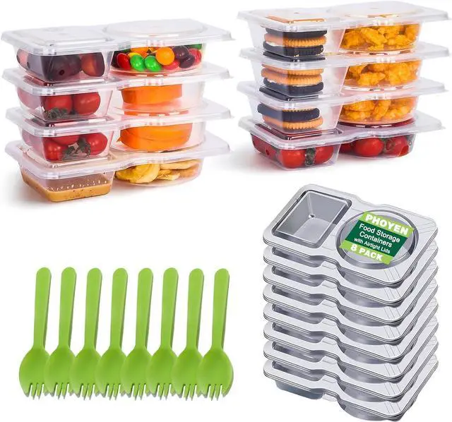 Main image of 8 Sets Reusable Snack Containers with Lids, Double Compartment Snack Pack Containers with Spoons, BPA Free | Microwave & Dishwasher Safe | Leakproof Condiment Containers for On-the-Go Meals