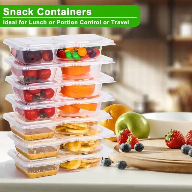 Alt view image 2 of 6 - 8 Sets Reusable Snack Containers with Lids, Double Compartment Snack Pack Containers with Spoons, BPA Free | Microwave & Dishwasher Safe | Leakproof Condiment Containers for On-the-Go Meals
