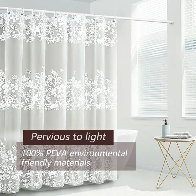 Alt view image 2 of 5 - TIKABC Shower Curtain Liner, 4G PEVA Shower Liner, Plastic Waterproof Shower Curtains, with Grommet Holes and 3 Magnetic Weights(White Flower)