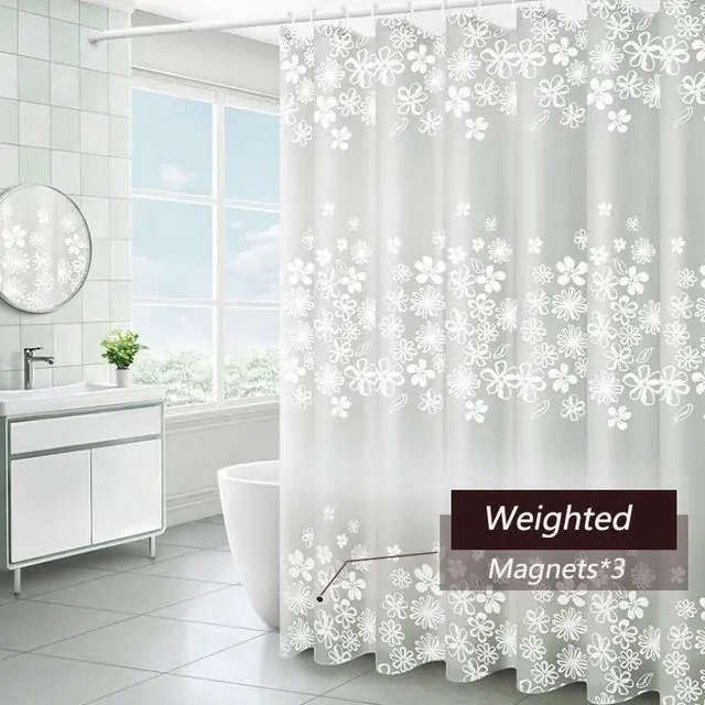Alt view image 3 of 5 - TIKABC Shower Curtain Liner, 4G PEVA Shower Liner, Plastic Waterproof Shower Curtains, with Grommet Holes and 3 Magnetic Weights(White Flower)