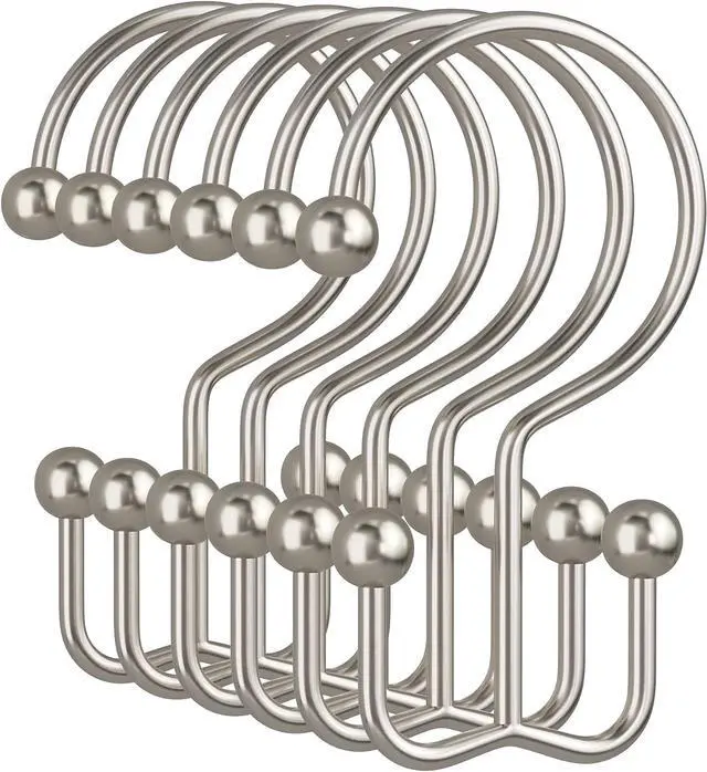 Main image of Amazer Nickel Shower Curtain Hooks, 12PCS Minimalist Simple Double Shower Curtain Rings, Rust-Resistant Metal Shower Hooks Shower Curtain Hangers, Shower Rings for Bathroom Shower Rods Curtains