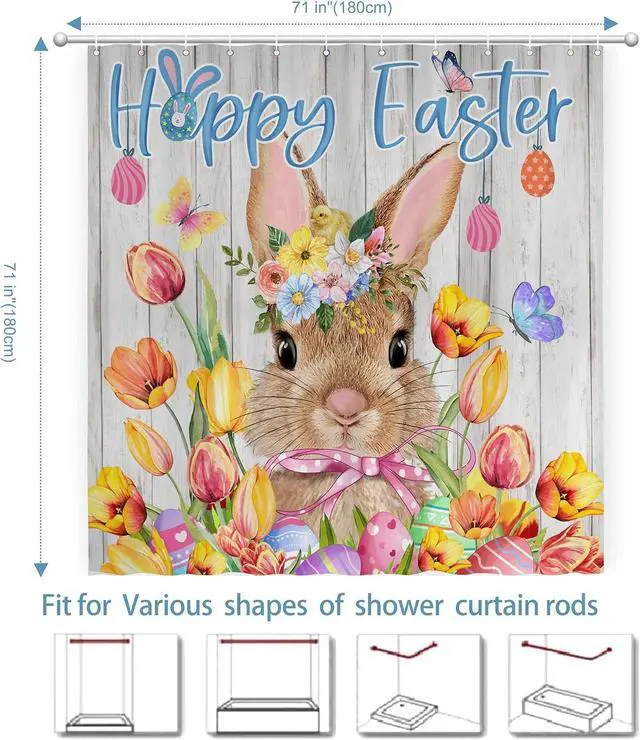 Alt view image 2 of 7 - Easter Shower Curtain, Easter Shower Curtain for Bathroom, Happy Easter with Bunny Eggs Spring Holiday Waterproof Fabric Bath Curtain with Hooks for Home Decorations, 71x71 Inches