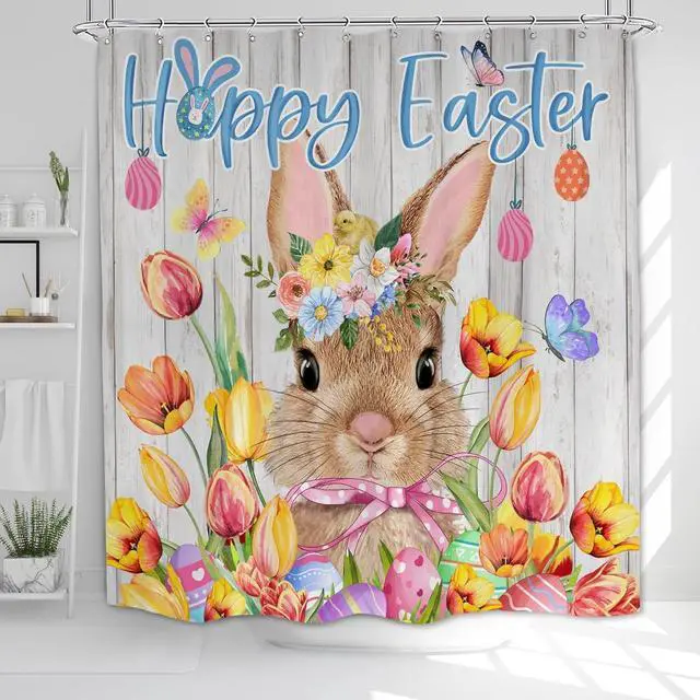Main image of Easter Shower Curtain, Easter Shower Curtain for Bathroom, Happy Easter with Bunny Eggs Spring Holiday Waterproof Fabric Bath Curtain with Hooks for Home Decorations, 71x71 Inches