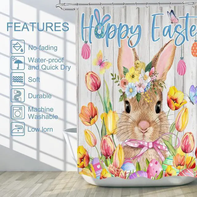 Alt view image 3 of 7 - Easter Shower Curtain, Easter Shower Curtain for Bathroom, Happy Easter with Bunny Eggs Spring Holiday Waterproof Fabric Bath Curtain with Hooks for Home Decorations, 71x71 Inches