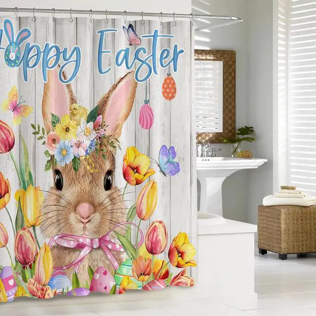 Alt view image 6 of 7 - Easter Shower Curtain, Easter Shower Curtain for Bathroom, Happy Easter with Bunny Eggs Spring Holiday Waterproof Fabric Bath Curtain with Hooks for Home Decorations, 71x71 Inches