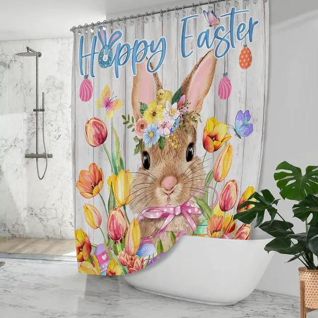 Alt view image 7 of 7 - Easter Shower Curtain, Easter Shower Curtain for Bathroom, Happy Easter with Bunny Eggs Spring Holiday Waterproof Fabric Bath Curtain with Hooks for Home Decorations, 71x71 Inches