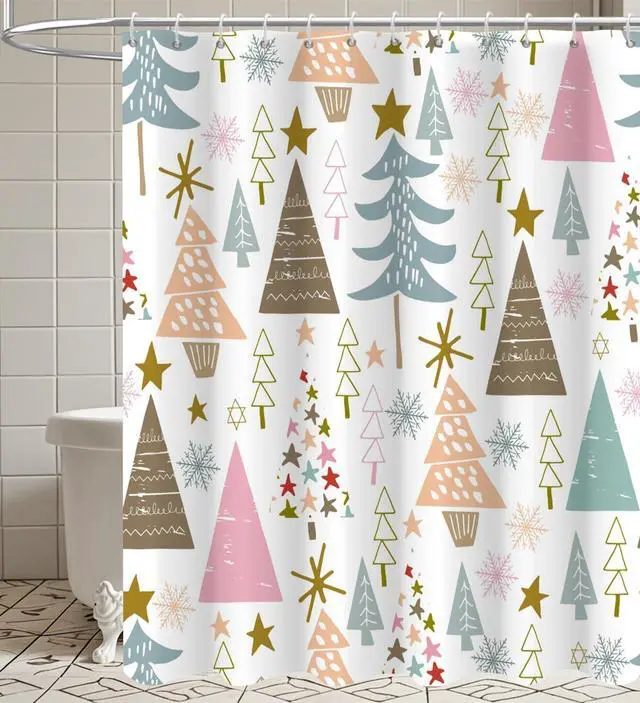 Alt view image 2 of 7 - Merry Christmas Shower Curtain, Winter Xmas Tree Snowflake Star Holiday Waterproof Fabric Machine Washable for Bathroom Bathtub Decor with Hooks 72"x72"