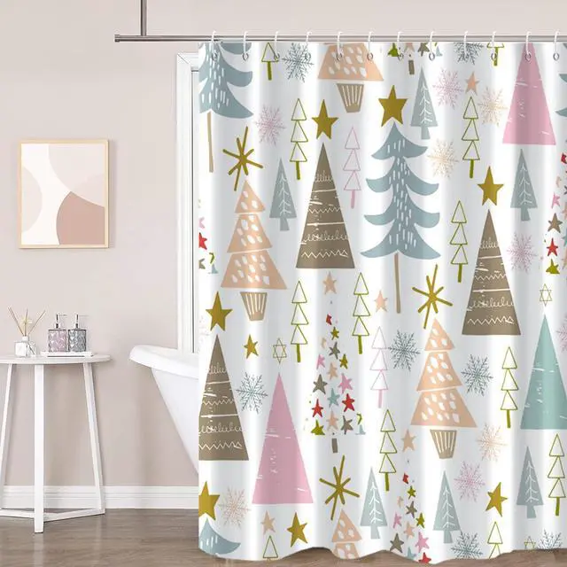 Main image of Merry Christmas Shower Curtain, Winter Xmas Tree Snowflake Star Holiday Waterproof Fabric Machine Washable for Bathroom Bathtub Decor with Hooks 72"x72"