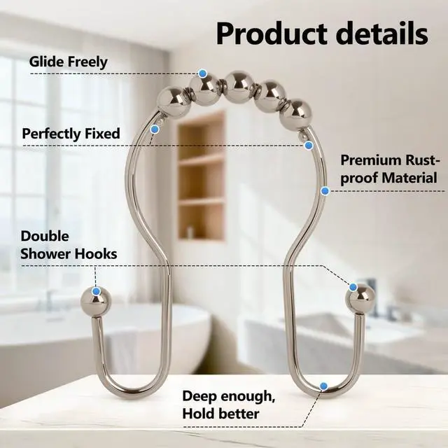 Alt view image 3 of 7 - Resze Double Shower Curtain Hooks, Sturdy Metal Nickel Shower Curtain Rings, Glide Roller Shower Hooks,Rust Proof Anti-Drop Curtain Hooks, 12 Pcs Smooth Sliding Rings for Bathroom Shower Rods Curtains