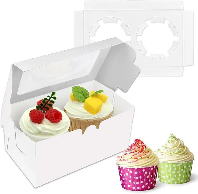 Main image of MUMULULU 10 PCS White Paper Cupcake Boxes with 2 Cavity Cookie Gift Boxes with Clear Window 2 Treat Holder Cupcake Containers Bakery Cake Box for Birthday Party Bakery Supplies