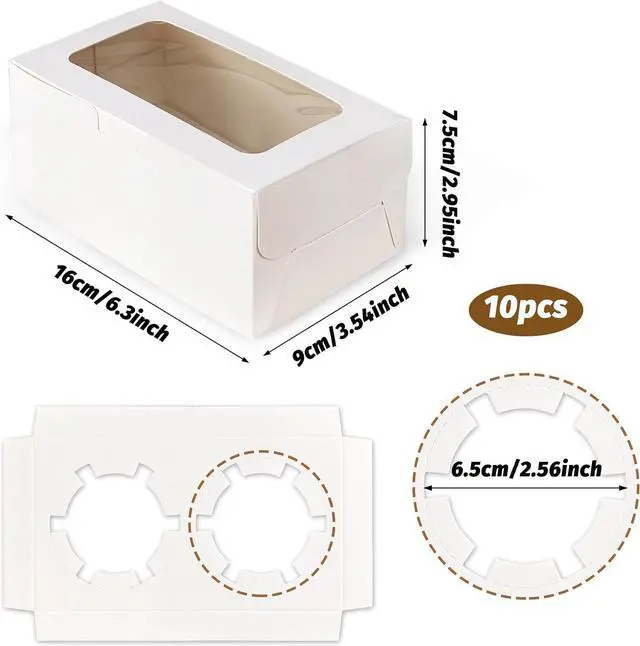 Alt view image 2 of 6 - MUMULULU 10 PCS White Paper Cupcake Boxes with 2 Cavity Cookie Gift Boxes with Clear Window 2 Treat Holder Cupcake Containers Bakery Cake Box for Birthday Party Bakery Supplies
