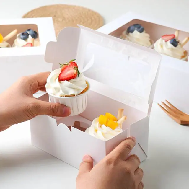 Alt view image 3 of 6 - MUMULULU 10 PCS White Paper Cupcake Boxes with 2 Cavity Cookie Gift Boxes with Clear Window 2 Treat Holder Cupcake Containers Bakery Cake Box for Birthday Party Bakery Supplies