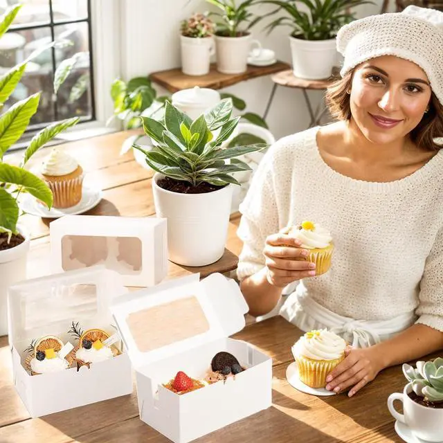 Alt view image 4 of 6 - MUMULULU 10 PCS White Paper Cupcake Boxes with 2 Cavity Cookie Gift Boxes with Clear Window 2 Treat Holder Cupcake Containers Bakery Cake Box for Birthday Party Bakery Supplies