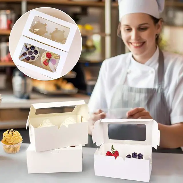 Alt view image 5 of 6 - MUMULULU 10 PCS White Paper Cupcake Boxes with 2 Cavity Cookie Gift Boxes with Clear Window 2 Treat Holder Cupcake Containers Bakery Cake Box for Birthday Party Bakery Supplies