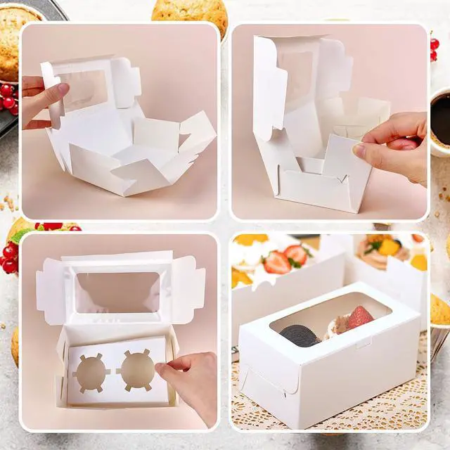 Alt view image 6 of 6 - MUMULULU 10 PCS White Paper Cupcake Boxes with 2 Cavity Cookie Gift Boxes with Clear Window 2 Treat Holder Cupcake Containers Bakery Cake Box for Birthday Party Bakery Supplies