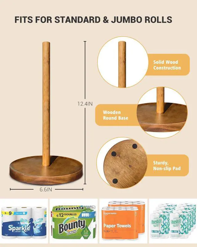 Alt view image 3 of 7 - NESAPTO Paper Towel Holder Countertop, Wooden Standing Paper Towel Roll Stand for Rustic Farmhouse & Cottagecore Decor, Kitchen Bathroom Essential, Brown