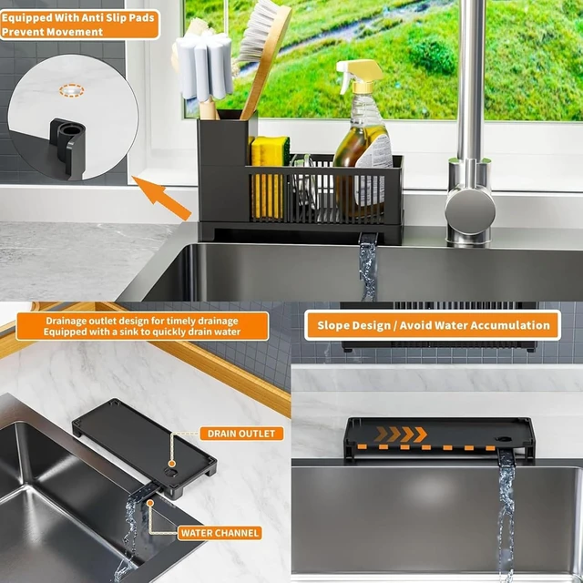 Alt view image 2 of 7 - Multifunctional Countertop Soap Dispenser and Drain Tray, Plastic Sponge Holder with Scrub Brush Rack, Kitchen Sink Organizer Caddy