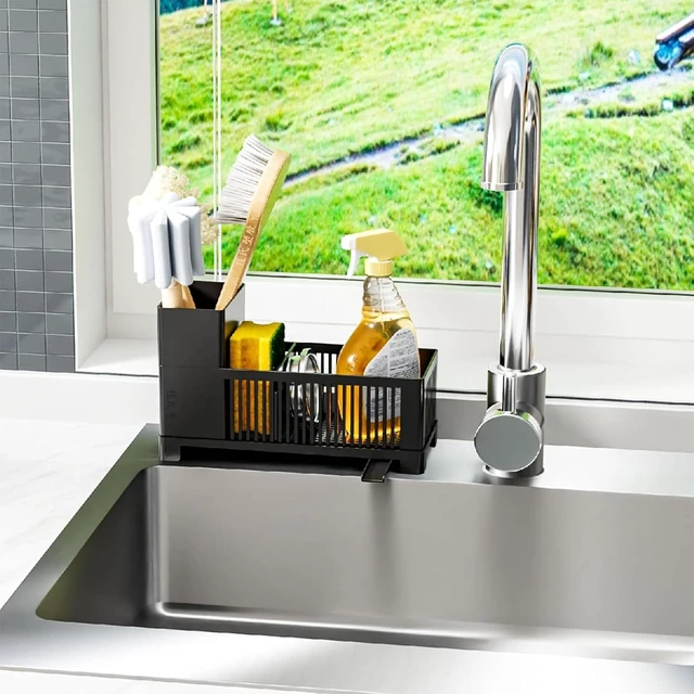 Alt view image 6 of 7 - Multifunctional Countertop Soap Dispenser and Drain Tray, Plastic Sponge Holder with Scrub Brush Rack, Kitchen Sink Organizer Caddy