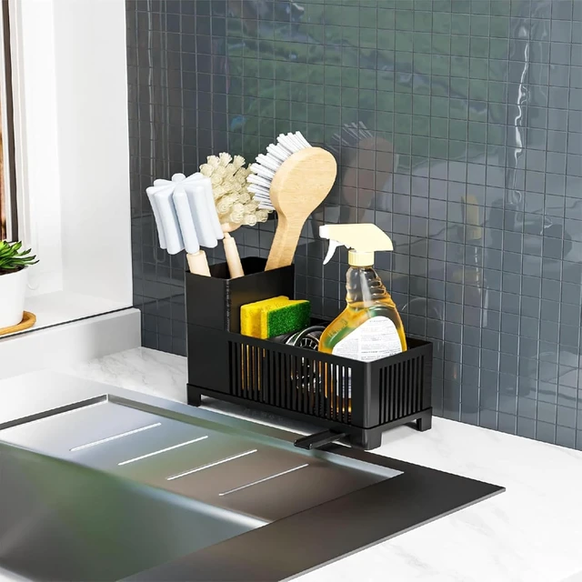 Alt view image 7 of 7 - Multifunctional Countertop Soap Dispenser and Drain Tray, Plastic Sponge Holder with Scrub Brush Rack, Kitchen Sink Organizer Caddy