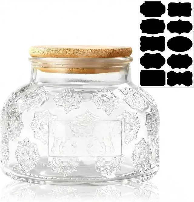 Main image of Vintage Glass Jar with Bamboo Lid - 24 OZ Airtight Canister with Label, for Kitchen Pantry Bathroom, Decorative Storage Container for Sugar, Bath Salt, Coffee, Tea, Oats, Candy, Cookie, Morning Glory