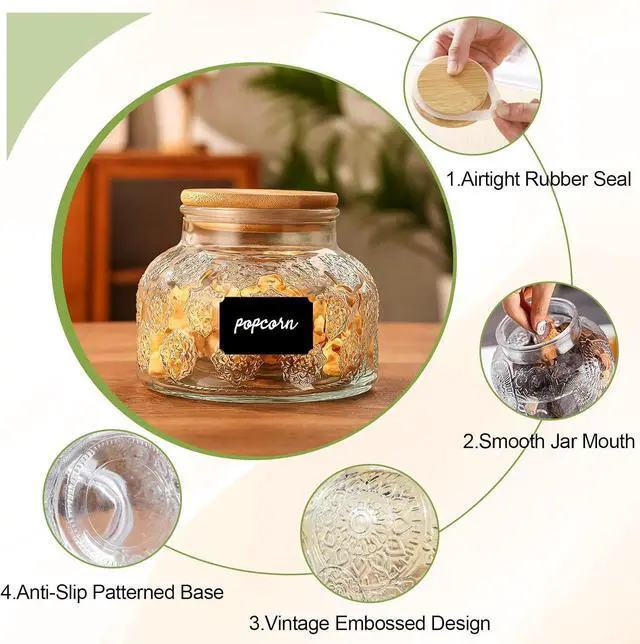 Alt view image 3 of 7 - Vintage Glass Jar with Bamboo Lid - 24 OZ Airtight Canister with Label, for Kitchen Pantry Bathroom, Decorative Storage Container for Sugar, Bath Salt, Coffee, Tea, Oats, Candy, Cookie, Morning Glory