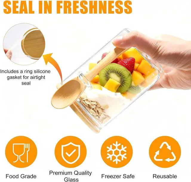 Alt view image 2 of 7 - Overnight Oats Containers With Lids and Spoons, 2pack Glass Jars with Bamboo Lids, Leak-Proof Overnight Oats Jars for Cereal, Yogurt, Chia Pudding